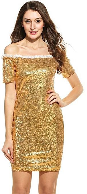 Sunshine Casual Short Sleeve Patchwork Sequined Off Shoulder Pullover Mini Dress-Gold