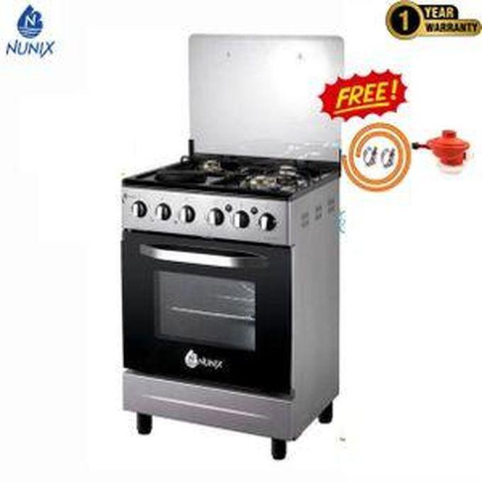 Nunix 60 X 60 Standing Cooker 3Gas + 1 Electric Hotplate Automatic Ignition with Electric Oven Glass Top Cover FREE Gift 1.5m Delivery Gas Pipe + 13Kg Regulator + 2Pc Safety Gas Fasteners - Silver