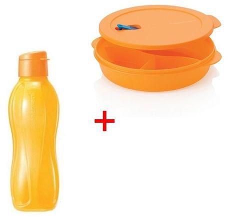 Tupperware Eco Bottle 750ML Easy Cap - Orange + Crystalwave Divided Storing and Microwave Reheating Plate - Orange