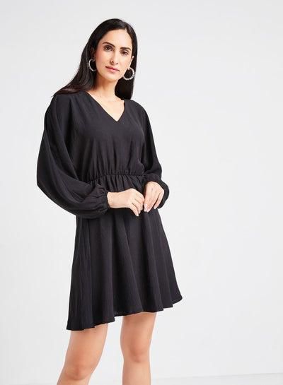 V-Neck Elasticated Waist Mini Dress Black