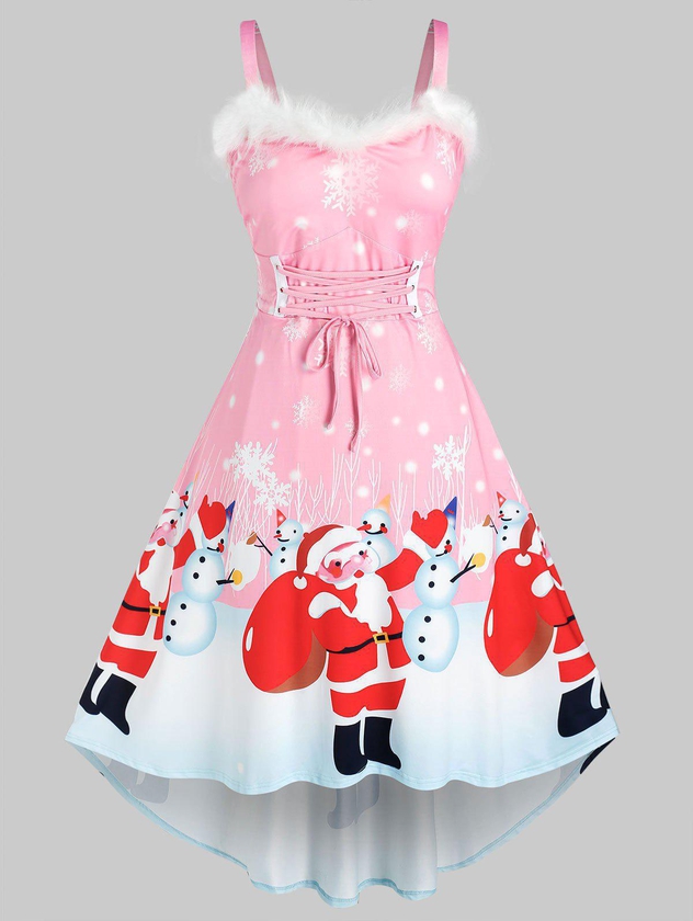 Plus Size Christmas Santa Claus Snowman Faux Fur Insert Lace Up Dress - 4x