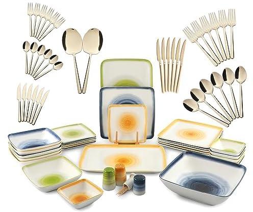 Dinnerware Set 68 Pcs LIFE SMILE, 30 Pieces Fine Porcelain Dinner Set Square With 38 Pieces Pure Stainless Steel Cutlery Set Oven Safe Tableware Set | Dishwasher Safe dinner serving set for 6 Person
