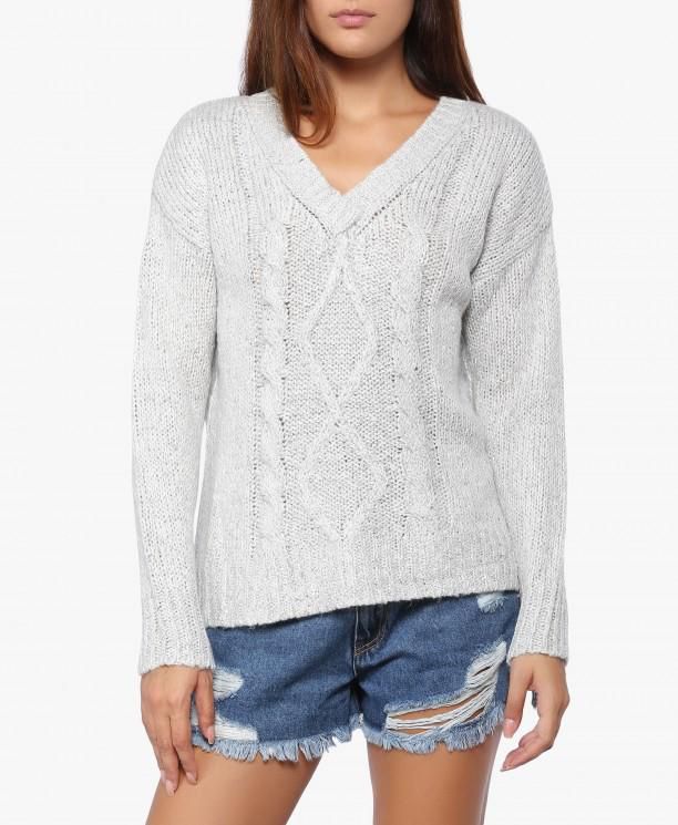 Grey V Neck Cable Knit Sweater