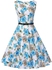 Fashion Vintage Boat Neck Sleeveless Floral Print Zipper Belted Women A-line Dress - LIGHT BLUE