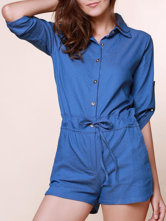 Vintage Shirt Collar Solid Color 3/4 Sleeve Lace-Up Jeans Rompers For Women - S