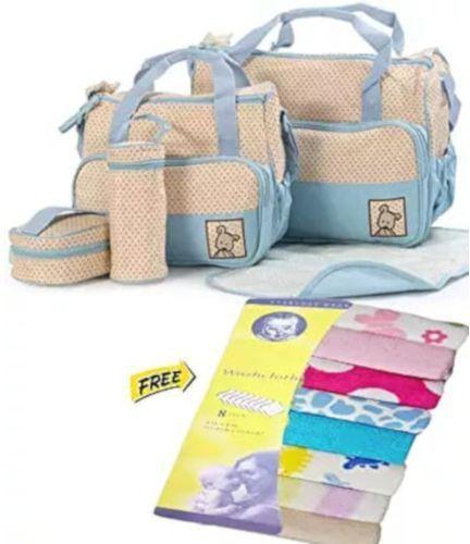 Generic 5 in 1 set light blue Baby Diaper Bag + Womes With Free Wash Lothes