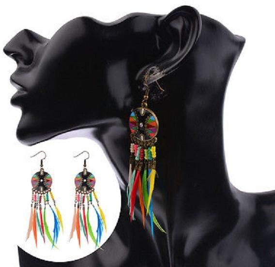 Bohemian Boho Style Multicolor Beads & Feather Tassel Earrings