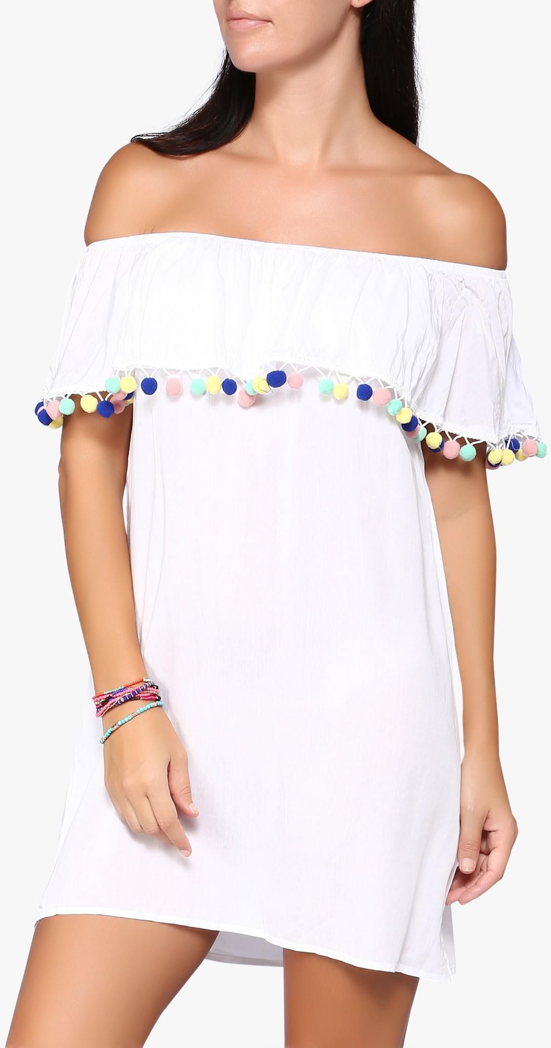 White Pom Pom Bardot Dress