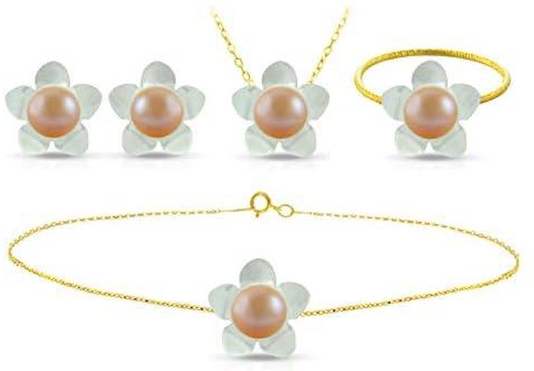 Vera Perla 18K Yellow Gold Flower Shape with Peach Pearl Jewelry Set - 4 Pieces
