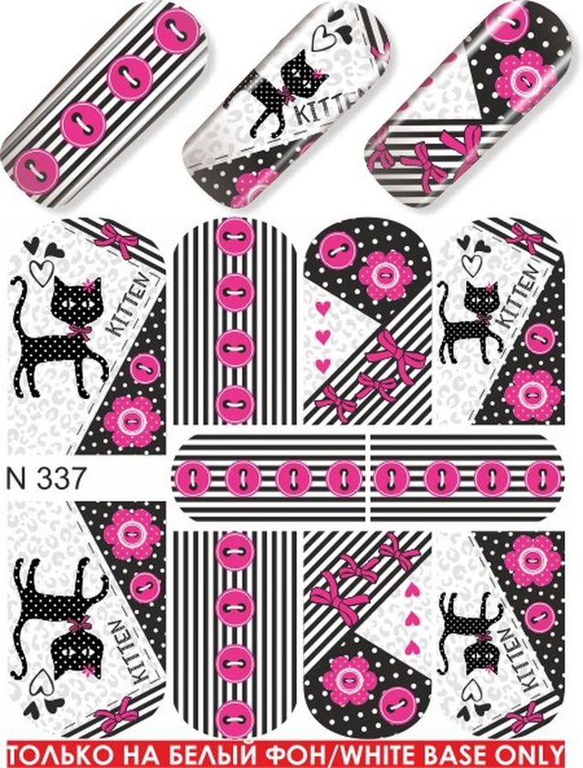 Magenta Nails 1 ورقة فنية للأظافر بتصميم قطة صغيرة وفيونكات وورود وخلفيات - N337