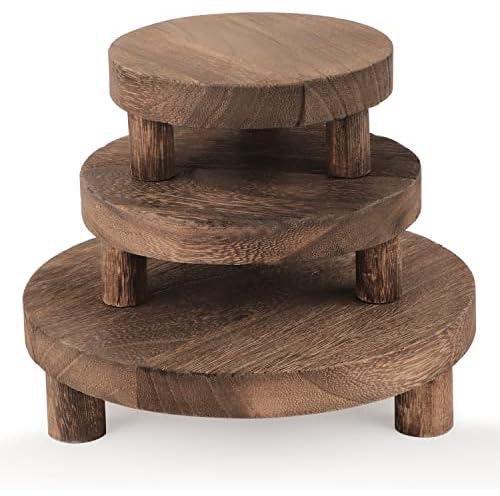 JKLIND 3PCS Wooden Display Riser for Display,Round Display Stand,Wood Riser Pedestal Stand for Home Decor and Organizer(Rustic Brown,8/6/5'')
