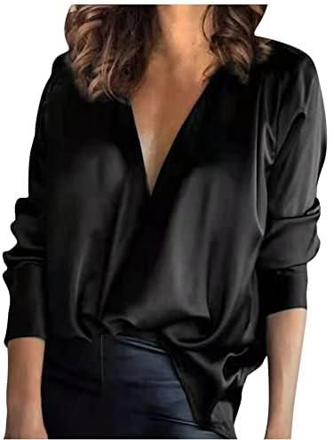 Women Shirts Fashion Long Sleeves Satin Chiffon Blouse Loose V Neck Casual Shirts Elegant Imitation Silk Blouse-black||M
