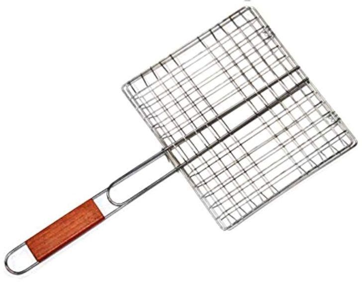 Generic BBQ Grill Basket With Wood Handle Silver 28x28centimeter