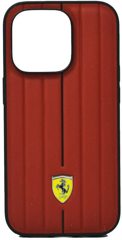 Ferrari Leather Case With Embossed Stripes Yellow Shield Logo For iPhone 14 Pro Red