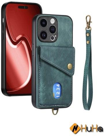 HuHa Protective Case Cover For iPhone 15 Pro Max Retro Card Wallet Fold Leather Phone Case with Strap Green