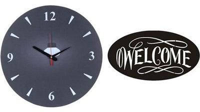 A1431 Wooden Round Analog Wall Clock With Welcome Wooden Tableau Multicolour 40cm