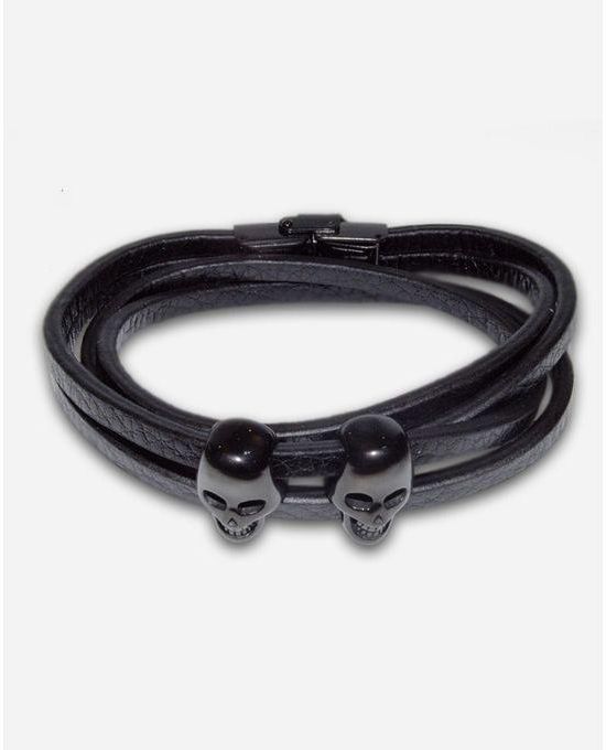 Hanso 2 Skulls Leather Bracelet - Black