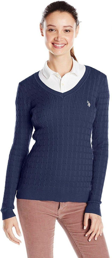 U.S. Polo Assn. Navy Cotton V Neck Pullover Top For Women