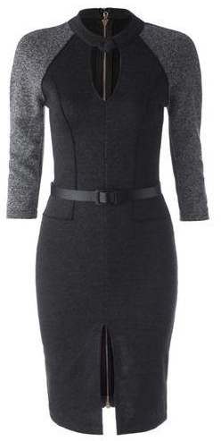 Elikang Stylish Stand-Up Neck 3/4 Sleeve Spliced Furcal Women's Dress - M Size - BLACK AND GREY
