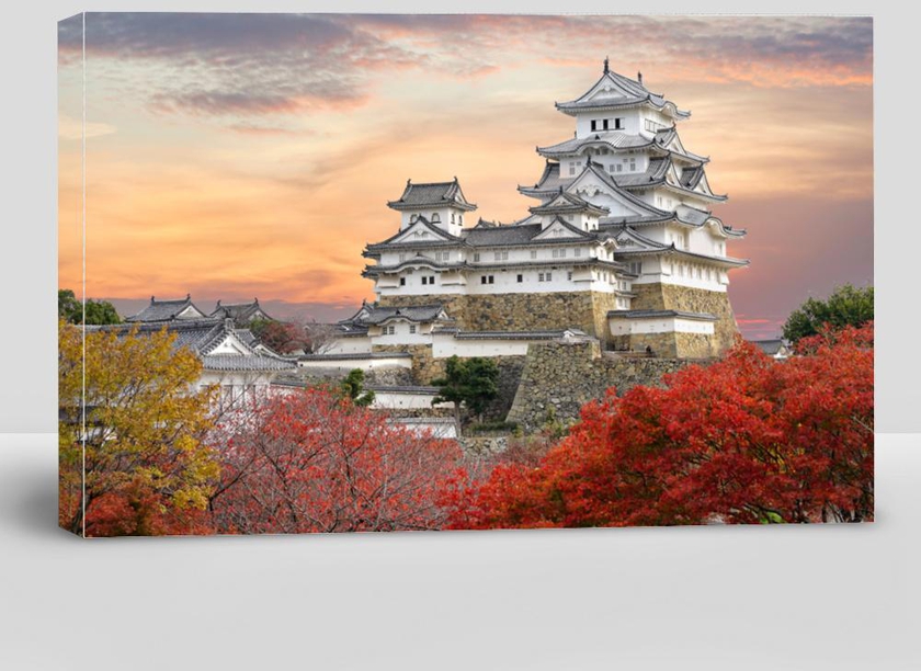 Himeji Castle and Red Maple Leaves in Evening Sunlight and Twilight