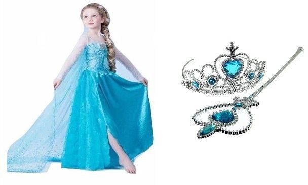 3 Pieces Elsa Anna Blue Dress Frozen Costume With Blue Crown  And Wand  5-6 Years