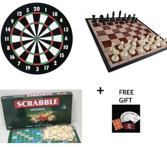 3 In 1 Board Games (Dart, Scrabble,Chess ) And Free Whot