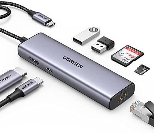 موزع USB C 7 في 1 4K عند 30 هرتز من النوع C الى HDMI دونجل USB النوع C مع جيجابت ايثرنت، منافذ USB 3.0، شحن PD 100 واط، قارئ بطاقة SD/TF، محول متعدد المنافذ ديل USB-C موزع لماك بوك اتش بي من يوجرين