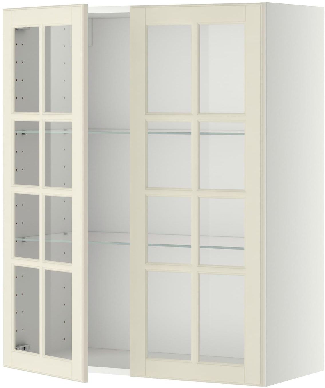 METOD خزانة حائط مع أرفف/بابين زجاجية - أبيض/Bodbyn أبيض-عاجي ‎80x100 سم‏