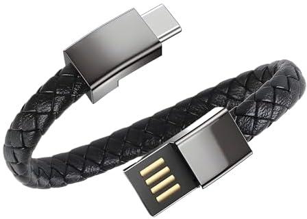 Leather Bracelet Charger USB Charging Cable Braided Cords USB Portable Travel Charger for Android Type (C) (BLACK)