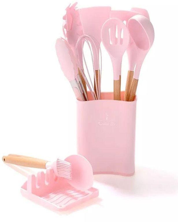 Silicone Kitchen Utensil Set, 13 Pieces Pink