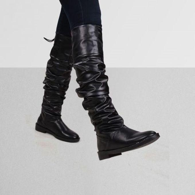 Women Leather Long Boots Tie Back -black