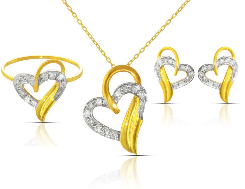 Vera Perla 18K Solid Yellow Gold 0.42Ct Diamonds Overlapped Heart Set, 3 Pieces