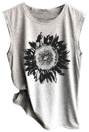 Casual Women Sunflower Print Loose Vest Sleeveless T-Shirt Grey