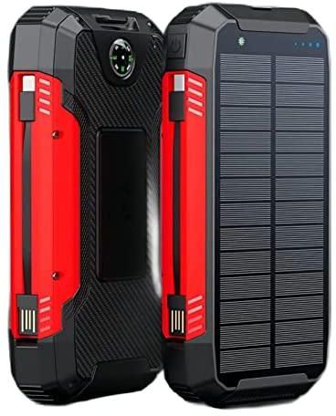Solar Charger 30000mAh Portable Solar Power Bank Built-in 2 Cables Wireless Charger With Dual LED Flashlight External Battery Waterproof Solar Phone Charger For Outdoor Camping Travel (Color : Red)