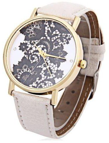 Generic Vogue Female Quartz Watch Artificial Diamond Flower Pattern Dial Leather Band Wristwatch (White)