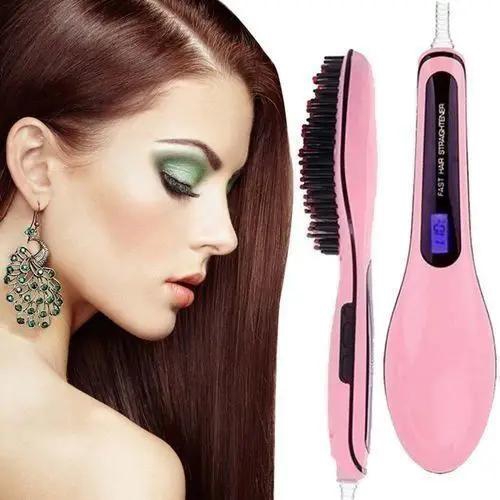 Professional Hair Straightener Comb Brush LCD Display - Pink
