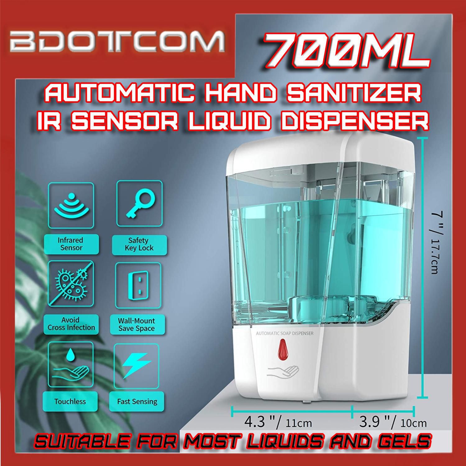 [READY STOCK] Automatic Hand Sanitizer IR Sensor Touch-Free 700ml Liquid Dispenser