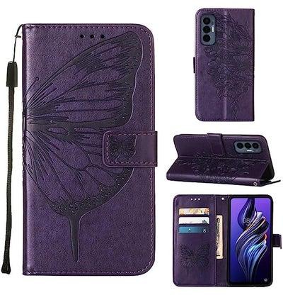 HuHa Case Cover Compatible For Tecno Pova 3/LE7 Embossed Butterfly Flip Leather Phone Case Dark Purple