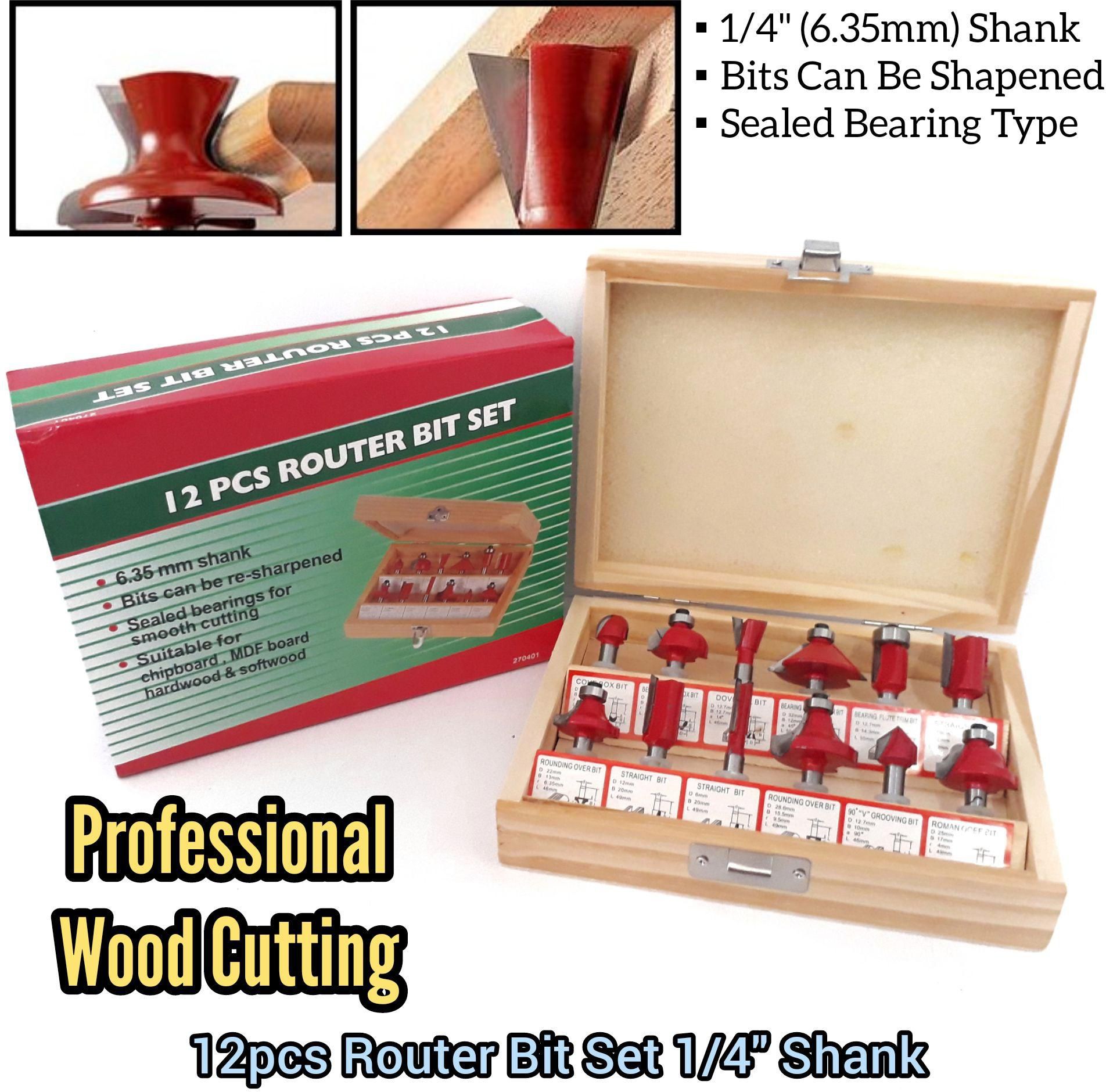 Professional Wood Cutting 12pcs Router Bit Set 1/4inch Shank