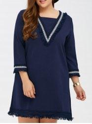 Fringed Crochet Trim Shift Dress - Deep Blue - Xl