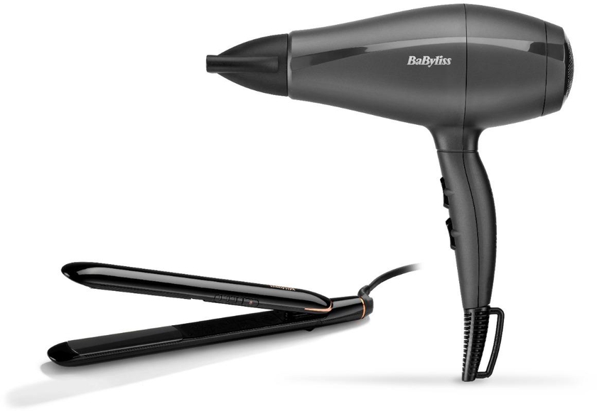 Babyliss Hair Dryer, 2000W, 3 Temperatures, Black - 5910E with Babyliss Smooth Finish 230 Hair Straightener, Black - ST250E