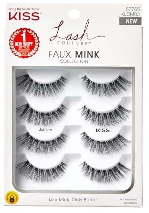 KISS Lash Couture Faux Mink False Eyelashes Multipack, Knot-Free Band, Reusable, Contact Lens Friendly, Easy To Apply, Ultrafine, Tapered, Synthetic Fake Lashes, Style Jubilee, 4 Pairs