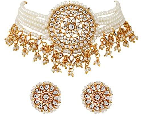Shining Diva Fashion 18k Gold Plated Latest Stylish Choker Traditional Pearl Kundan Necklace Jewellery Set for Women