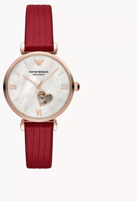 Emporio Armani Women's automatic watch, rose gold, red leather, with a heart inside, model AR60048