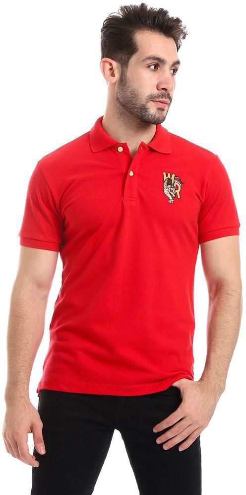 White Rabbit Stitched Chest Logo Pique Patterned Polo Shirt - Red