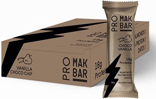 MAK BAR Pro Protein Bar - Vanilla Choco Chip Flavor - 12 count x 55g - 18gr protein snack, 218 Calories - Almonds, Pea Protein &amp; Dates, No added sugar, High Fibre, Vegetarian, Post Workout Meal