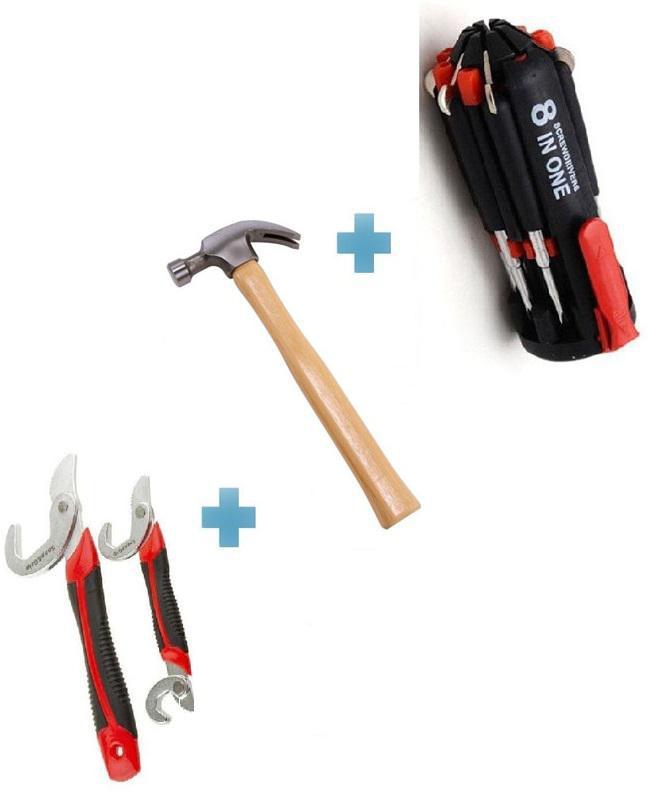 TI'M Snap n Grip Multi Purpose Wrench - 2 Pcs + 8 in 1 Screwdriver + Hammer