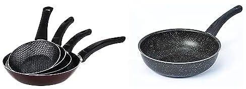 Trueval frying pan set of 4 pieces, sizes 16-18-20-24, dark red + Lazord granite deep frying pan 24cm, black