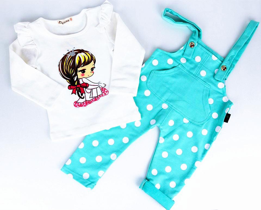 Koolkidzstore Girls Suit White Top with Green Polka Dot Jumpsuit 1-3Y