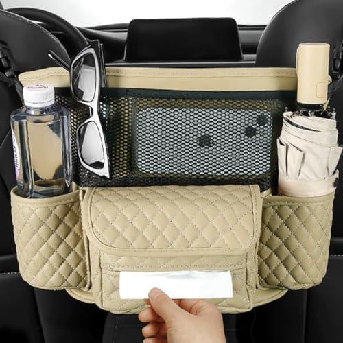BREENHILL Car Handbag Holder Net Pocket,Pu Leather Large Capacity Car Purse Holder Automotive Consoles Organizers for Document,Phone,Cup,Napkin Storage Car Organizer(Beige)